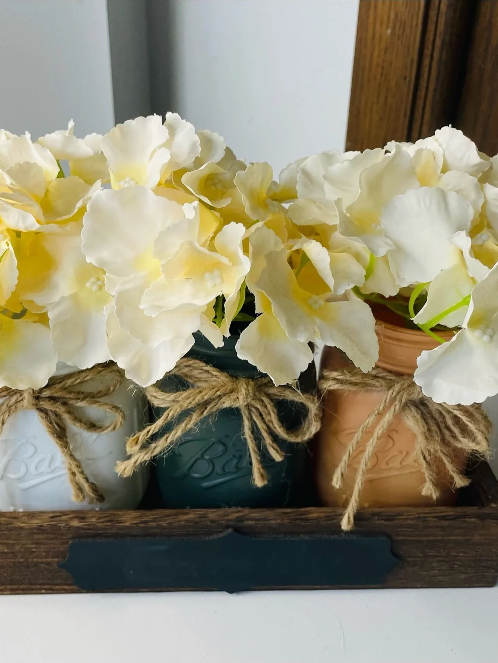 Mason Jar Trio Centerpiece with Cream Floral Accent Rustic Farmhouse